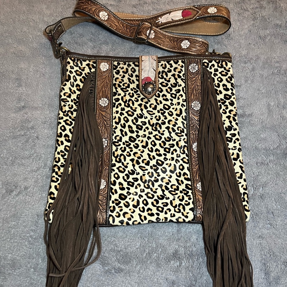 Myra Leopard Print Fringe Crossbody Bag
